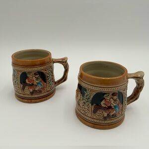 Vintage 2 SANYO JAPAN CUPS Ceramic German Style Stein Beer Cups.  3” Tall